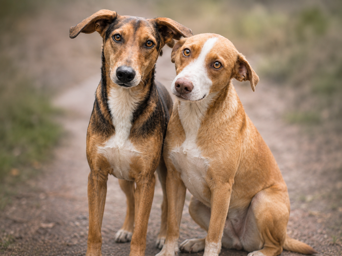 Dos perritas rescatadas sentadas en un camino